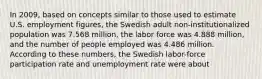 In 2009, based on concepts similar to those used to estimate U.S. employment figures, the Swedish adult non-institutionalized population was 7.568 million, the labor force was 4.888 million, and the number of people employed was 4.486 million. According to these numbers, the Swedish labor-force participation rate and unemployment rate were about