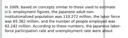 In 2009, based on concepts similar to those used to estimate U.S. employment figures, the Japanese adult non-institutionalized population was 110.272 million, the labor force was 65.362 million, and the number of people employed was 62.242 million. According to these numbers, the Japanese labor-force participation rate and unemployment rate were about