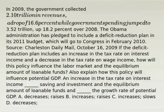 In​ 2009, the government collected​ 2.10 trillion in​ revenues, a drop of 16.6 percent while government spending jumped to​3.52 trillion, up 18.2 percent over 2008. The Obama administration has pledged to include a​ deficit-reduction plan in its 2011​ budget, which will go to Congress in February 2010. ​Source: Charleston Daily Mail​, October​ 16, 2009 If the​ deficit-reduction plan includes an increase in the tax rate on interest income and a decrease in the tax rate on wage​ income, how will this policy influence the labor market and the equilibrium amount of loanable​ funds? Also explain how this policy will influence potential GDP. An increase in the tax rate on interest income​ ______ saving and investment and the equilibrium amount of loanable funds and​ ______ the growth rate of potential GDP. A. ​decreases; raises B. ​increases; raises C. ​increases; slows D. ​decreases;