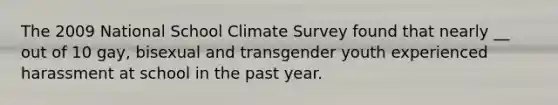 The 2009 National School Climate Survey found that nearly __ out of 10 gay, bisexual and transgender youth experienced harassment at school in the past year.