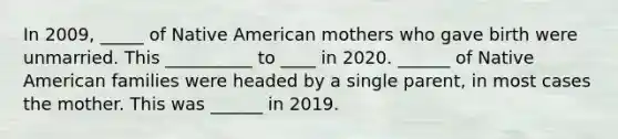 In 2009, _____ of Native American mothers who gave birth were unmarried. This __________ to ____ in 2020. ______ of Native American families were headed by a single parent, in most cases the mother. This was ______ in 2019.