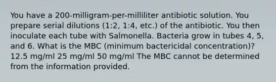 You have a 200-milligram-per-milliliter antibiotic solution. You prepare serial dilutions (1:2, 1:4, etc.) of the antibiotic. You then inoculate each tube with Salmonella. Bacteria grow in tubes 4, 5, and 6. What is the MBC (minimum bactericidal concentration)? 12.5 mg/ml 25 mg/ml 50 mg/ml The MBC cannot be determined from the information provided.