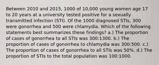 Between 2010 and 2015, 1000 of 10,000 young women age 17 to 20 years at a university tested positive for a sexually transmitted infection (STI). Of the 1000 diagnosed STIs, 300 were gonorrhea and 500 were chlamydia. Which of the following statements best summarizes these findings? a.) The proportion of cases of gonorrhea to all STIs was 300:1300. b.) The proportion of cases of gonorrhea to chlamydia was 300:500. c.) The proportion of cases of gonorrhea to all STIs was 50%. d.) The proportion of STIs to the total population was 100:1000.