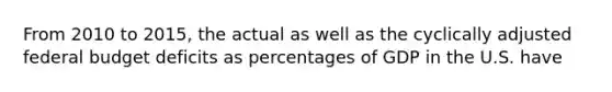 From 2010 to 2015, the actual as well as the cyclically adjusted federal budget deficits as percentages of GDP in the U.S. have