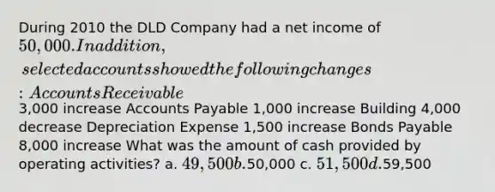 During 2010 the DLD Company had a net income of 50,000. In addition, selected accounts showed the following changes: Accounts Receivable3,000 increase Accounts Payable 1,000 increase Building 4,000 decrease Depreciation Expense 1,500 increase Bonds Payable 8,000 increase What was the amount of cash provided by operating activities? a. 49,500 b.50,000 c. 51,500 d.59,500