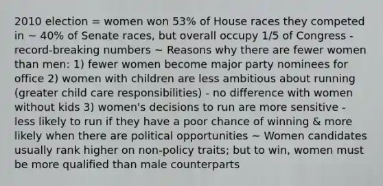 2010 election = women won 53% of House races they competed in ~ 40% of Senate races, but overall occupy 1/5 of Congress - record-breaking numbers ~ Reasons why there are fewer women than men: 1) fewer women become major party nominees for office 2) women with children are less ambitious about running (greater child care responsibilities) - no difference with women without kids 3) women's decisions to run are more sensitive - less likely to run if they have a poor chance of winning & more likely when there are political opportunities ~ Women candidates usually rank higher on non-policy traits; but to win, women must be more qualified than male counterparts