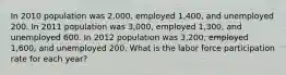 In 2010 population was 2,000, employed 1,400, and unemployed 200. In 2011 population was 3,000, employed 1,300, and unemployed 600. In 2012 population was 3,200, employed 1,600, and unemployed 200. What is the labor force participation rate for each year?