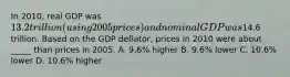 In 2010, real GDP was 13.2 trillion (using 2005 prices) and nominal GDP was14.6 trillion. Based on the GDP deflator, prices in 2010 were about _____ than prices in 2005. A. 9.6% higher B. 9.6% lower C. 10.6% lower D. 10.6% higher