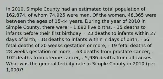 In 2010, Simple County had an estimated total population of 162,874, of whom 74,925 were men. Of the women, 48,365 were between the ages of 15-44 years. During the year of 2010 in Simple County, there were: - 1,892 live births, - 35 deaths to infants before their first birthday, - 23 deaths to infants within 27 days of birth, - 18 deaths to infants within 7 days of birth, - 56 fetal deaths of 20 weeks gestation or more, - 19 fetal deaths of 28 weeks gestation or more, - 63 deaths from prostate cancer, - 102 deaths from uterine cancer, - 5,986 deaths from all causes. What was the general fertility rate in Simple County in 2010 (per 1,000)?