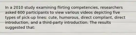 In a 2010 study examining flirting competencies, researchers asked 600 participants to view various videos depicting five types of pick-up lines: cute, humorous, direct compliant, direct introduction, and a third-party introduction. The results suggested that: