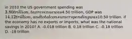 in 2010 the US government spending was 3.80 trillion, tax revenue was4.50 trillion, GDP was 14.12 trillion, and total consumer spending was10.50 trillion. if the economy has no exports or imports, what was the national savings in 2010? A. -0.018 trillion B. 0.18 trillion C. -0.18 trillion D. -18 trillion