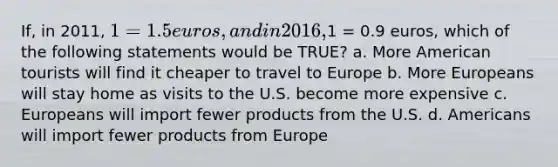 If, in 2011, 1 = 1.5 euros, and in 2016,1 = 0.9 euros, which of the following statements would be TRUE? a. More American tourists will find it cheaper to travel to Europe b. More Europeans will stay home as visits to the U.S. become more expensive c. Europeans will import fewer products from the U.S. d. Americans will import fewer products from Europe