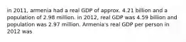 in 2011, armenia had a real GDP of approx. 4.21 billion and a population of 2.98 million. in 2012, real GDP was 4.59 billion and population was 2.97 million. Armenia's real GDP per person in 2012 was