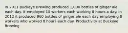 In 2011 Buckeye Brewing produced 1,000 bottles of ginger ale each day. It employed 10 workers each working 8 hours a day. In 2012 it produced 960 bottles of ginger ale each day employing 8 workers who worked 8 hours each day. Productivity at Buckeye Brewing