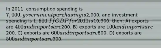 In 2011, consumption spending is 7,000, government purchasing is2,000, and investment spending is 1,500. If GDP for 2011 is10,300, then: A) exports are 400 and imports are200. B) exports are 100 and imports are200. C) exports are 600 and imports are800. D) exports are 500 and imports are300.