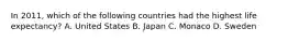 In 2011, which of the following countries had the highest life expectancy? A. United States B. Japan C. Monaco D. Sweden