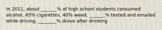 In 2011, about _______% of high school students consumed alcohol, 45% cigarettes, 40% weed, _______% texted and emailed while driving, ________% drove after drinking