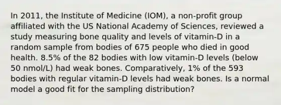 In 2011, the Institute of Medicine (IOM), a non-profit group affiliated with the US National Academy of Sciences, reviewed a study measuring bone quality and levels of vitamin-D in a random sample from bodies of 675 people who died in good health. 8.5% of the 82 bodies with low vitamin-D levels (below 50 nmol/L) had weak bones. Comparatively, 1% of the 593 bodies with regular vitamin-D levels had weak bones. Is a normal model a good fit for the sampling distribution?