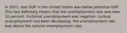 In 2011, real GDP in the United States was below potential GDP. This fact definitely means that the unemployment rate was near 10 percent. frictional unemployment was negative. cyclical unemployment had been decreasing. the unemployment rate was above the natural unemployment rate.