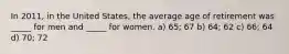 In 2011, in the United States, the average age of retirement was _____ for men and _____ for women. a) 65; 67 b) 64; 62 c) 66; 64 d) 70; 72