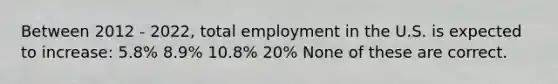 Between 2012 - 2022, total employment in the U.S. is expected to increase: 5.8% 8.9% 10.8% 20% None of these are correct.