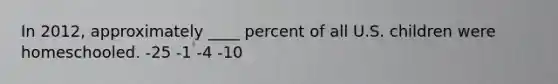 In 2012, approximately ____ percent of all U.S. children were homeschooled. -25 -1 -4 -10