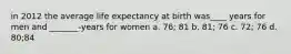 in 2012 the average life expectancy at birth was____ years for men and _______-years for women a. 76; 81 b. 81; 76 c. 72; 76 d. 80;84