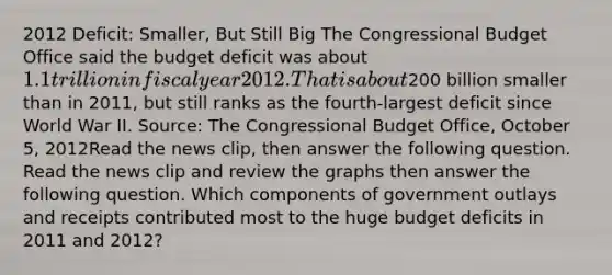 2012​ Deficit: Smaller, But Still Big The Congressional Budget Office said the budget deficit was about​ 1.1 trillion in fiscal year 2012. That is about​200 billion smaller than in​ 2011, but still ranks as the​ fourth-largest deficit since World War II. ​Source: The Congressional Budget​ Office, October​ 5, 2012Read the news​ clip, then answer the following question. Read the news clip and review the graphs then answer the following question. Which components of government outlays and receipts contributed most to the huge budget deficits in 2011 and​ 2012?