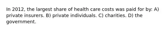 In 2012, the largest share of health care costs was paid for by: A) private insurers. B) private individuals. C) charities. D) the government.