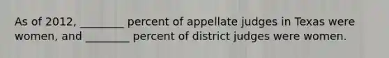 As of 2012, ________ percent of appellate judges in Texas were women, and ________ percent of district judges were women.