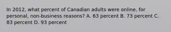 In 2012, what percent of Canadian adults were online, for personal, non-business reasons? A. 63 percent B. 73 percent C. 83 percent D. 93 percent