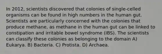 In 2012, scientists discovered that colonies of single-celled organisms can be found in high numbers in the human gut. Scientists are particularly concerned with the colonies that produce methane, as methane in the human gut can be linked to constipation and irritable bowel syndrome (IBS). The scientists can classify these colonies as belonging to the domain A) Eukarya. B) Bacteria. C) Protista. D) Archaea.