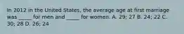 In 2012 in the United States, the average age at first marriage was _____ for men and _____ for women. A. 29; 27 B. 24; 22 C. 30; 28 D. 26; 24