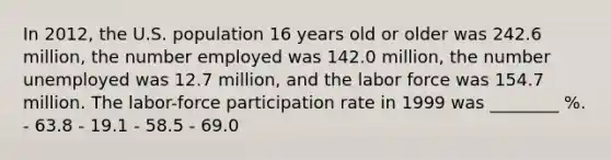 In 2012, the U.S. population 16 years old or older was 242.6 million, the number employed was 142.0 million, the number unemployed was 12.7 million, and the labor force was 154.7 million. The labor-force participation rate in 1999 was ________ %. - 63.8 - 19.1 - 58.5 - 69.0