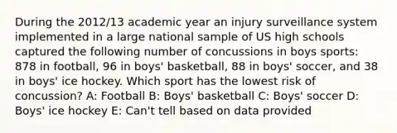 During the 2012/13 academic year an injury surveillance system implemented in a large national sample of US high schools captured the following number of concussions in boys sports: 878 in football, 96 in boys' basketball, 88 in boys' soccer, and 38 in boys' ice hockey. Which sport has the lowest risk of concussion? A: Football B: Boys' basketball C: Boys' soccer D: Boys' ice hockey E: Can't tell based on data provided