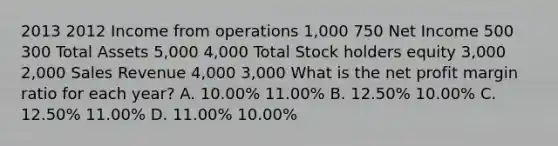 2013 2012 Income from operations 1,000 750 Net Income 500 300 Total Assets 5,000 4,000 Total Stock holders equity 3,000 2,000 Sales Revenue 4,000 3,000 What is the net profit margin ratio for each year? A. 10.00% 11.00% B. 12.50% 10.00% C. 12.50% 11.00% D. 11.00% 10.00%