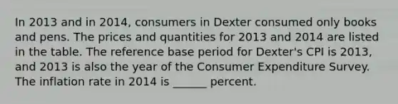 In 2013 and in​ 2014, consumers in Dexter consumed only books and pens. The prices and quantities for 2013 and 2014 are listed in the table. The reference base period for​ Dexter's CPI is​ 2013, and 2013 is also the year of the Consumer Expenditure Survey. The inflation rate in 2014 is​ ______ percent.