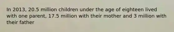 In 2013, 20.5 million children under the age of eighteen lived with one parent, 17.5 million with their mother and 3 million with their father