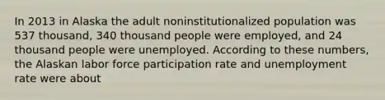 In 2013 in Alaska the adult noninstitutionalized population was 537 thousand, 340 thousand people were employed, and 24 thousand people were unemployed. According to these numbers, the Alaskan labor force participation rate and unemployment rate were about