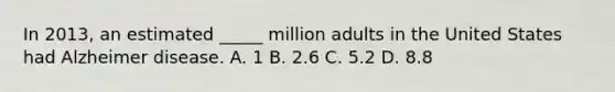 In 2013, an estimated _____ million adults in the United States had Alzheimer disease. A. 1 B. 2.6 C. 5.2 D. 8.8