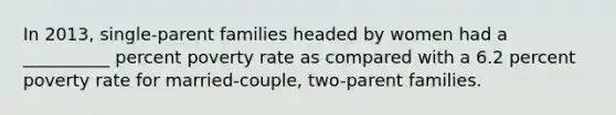 In 2013, single-parent families headed by women had a __________ percent poverty rate as compared with a 6.2 percent poverty rate for married-couple, two-parent families.