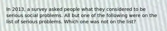 In 2013, a survey asked people what they considered to be serious social problems. All but one of the following were on the list of serious problems. Which one was not on the list?