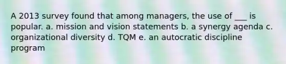 A 2013 survey found that among managers, the use of ___ is popular. a. mission and vision statements b. a synergy agenda c. organizational diversity d. TQM e. an autocratic discipline program