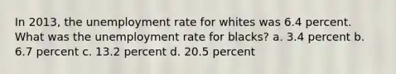 In 2013, the unemployment rate for whites was 6.4 percent. What was the unemployment rate for blacks? a. 3.4 percent b. 6.7 percent c. 13.2 percent d. 20.5 percent