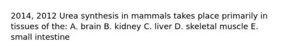 2014, 2012 Urea synthesis in mammals takes place primarily in tissues of the: A. brain B. kidney C. liver D. skeletal muscle E. small intestine