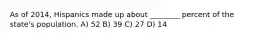 As of 2014, Hispanics made up about ________ percent of the state's population. A) 52 B) 39 C) 27 D) 14