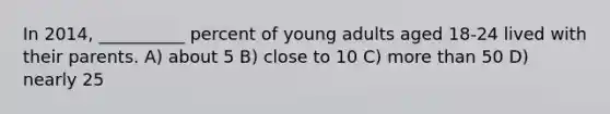 In 2014, __________ percent of young adults aged 18-24 lived with their parents. A) about 5 B) close to 10 C) more than 50 D) nearly 25