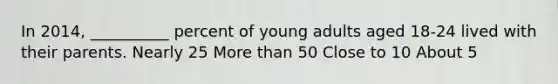 In 2014, __________ percent of young adults aged 18-24 lived with their parents. Nearly 25 More than 50 Close to 10 About 5