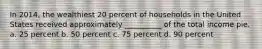 In 2014, the wealthiest 20 percent of households in the United States received approximately __________ of the total income pie. a. 25 percent b. 50 percent c. 75 percent d. 90 percent