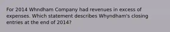 For 2014 Whndham Company had revenues in excess of expenses. Which statement describes Whyndham's closing entries at the end of 2014?